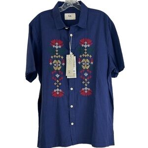 Folk Navy Blue Short Sleeve Button-Down Shirt with Red & Green Embroidery